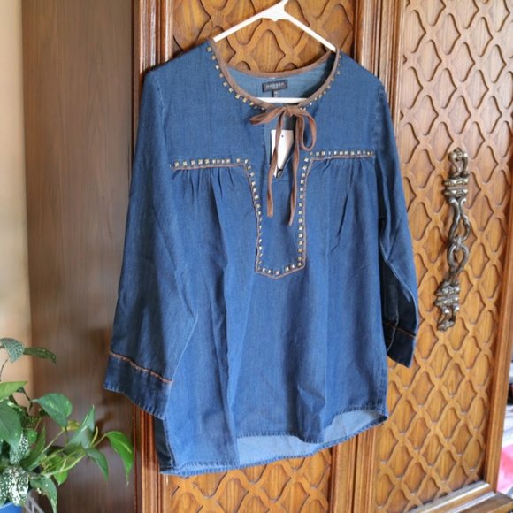 Hannah Tie Neck Denim Studded Peasant Top Tunic  – NWT! - Picture 4 of 13